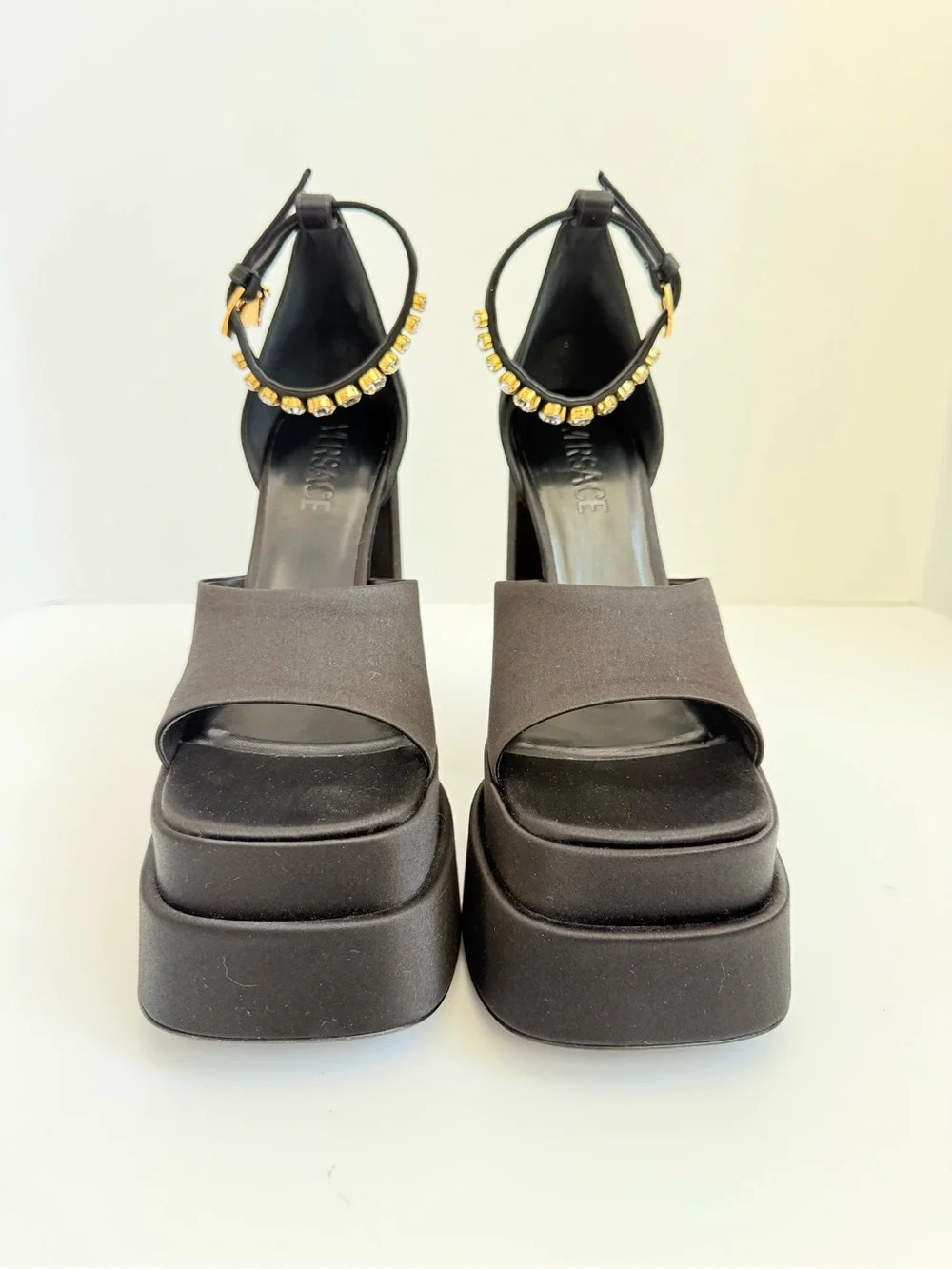 NEW Versace Medusa Crystal Open Toe Platform Sandals Black Satin Block Heels 38